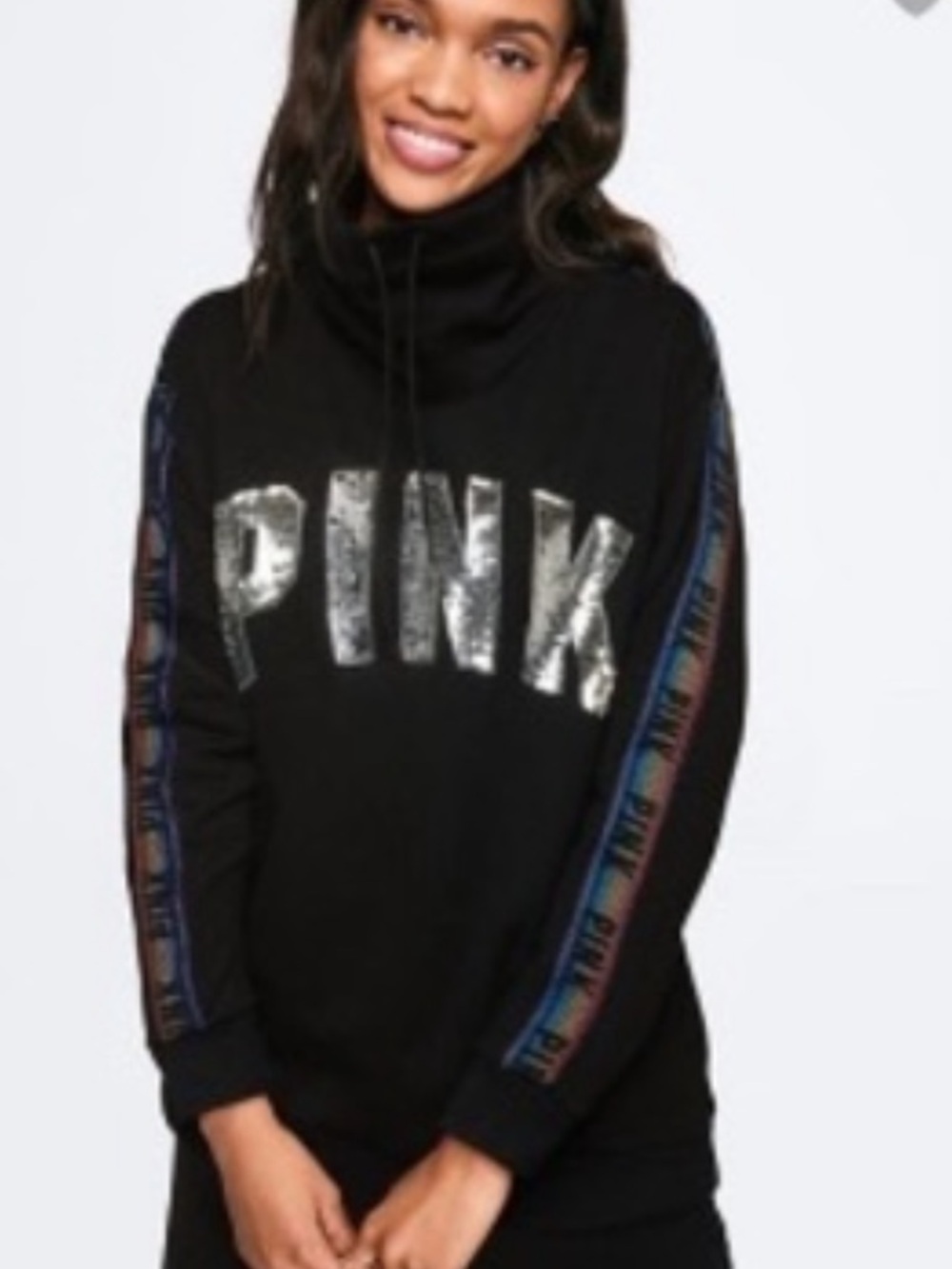 RARE bling rainbow pink vs Black Hoodie with Gold Sequin Logo and Iridescent